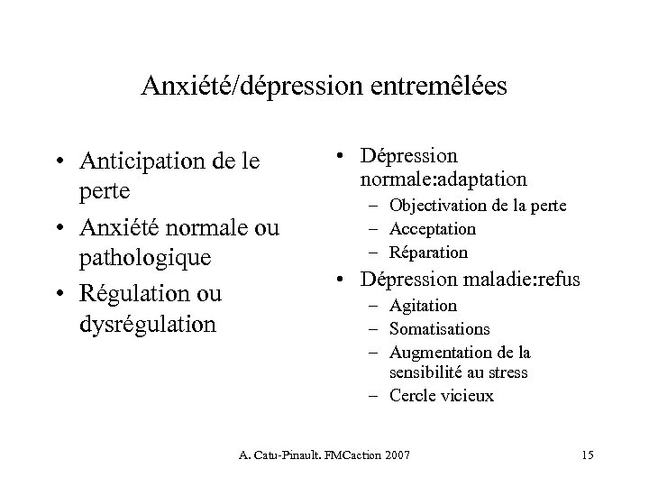 Anxiété/dépression entremêlées • Anticipation de le perte • Anxiété normale ou pathologique • Régulation