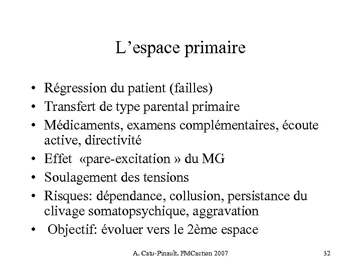 L’espace primaire • Régression du patient (failles) • Transfert de type parental primaire •