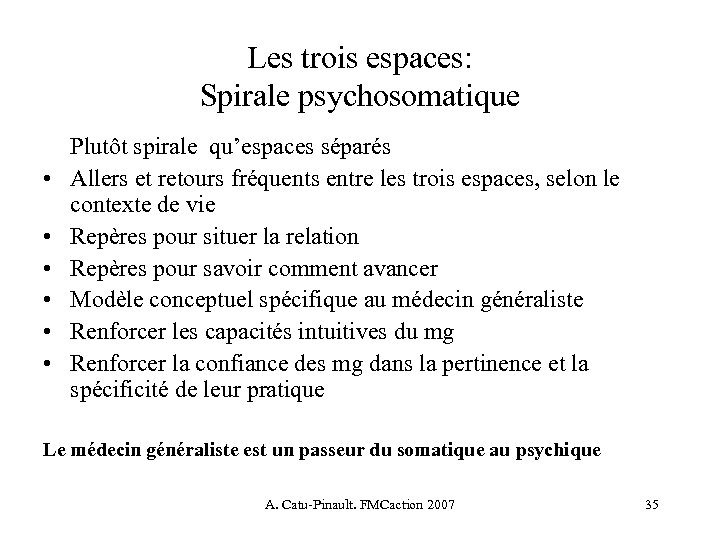 Les trois espaces: Spirale psychosomatique • • • Plutôt spirale qu’espaces séparés Allers et