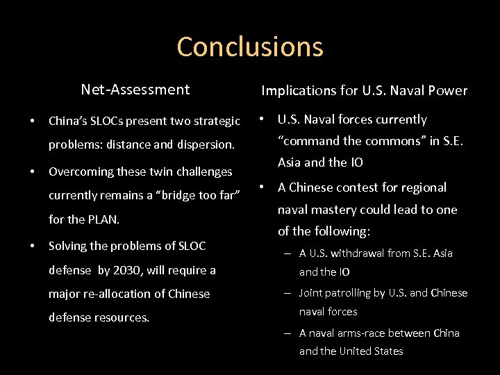Conclusions Net-Assessment • China’s SLOCs present two strategic problems: distance and dispersion. • Overcoming