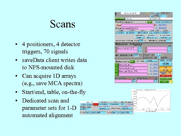 Scans • 4 positioners, 4 detector triggers, 70 signals • save. Data client writes