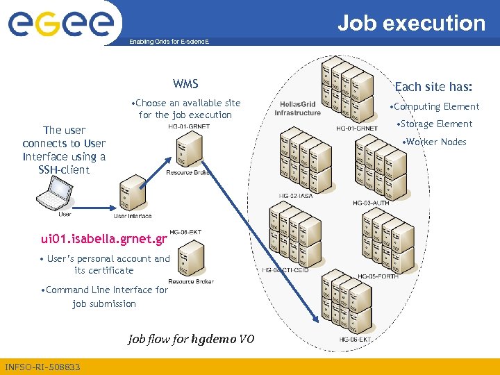 Job execution Enabling Grids for E-scienc. E WMS Each site has: • Choose an