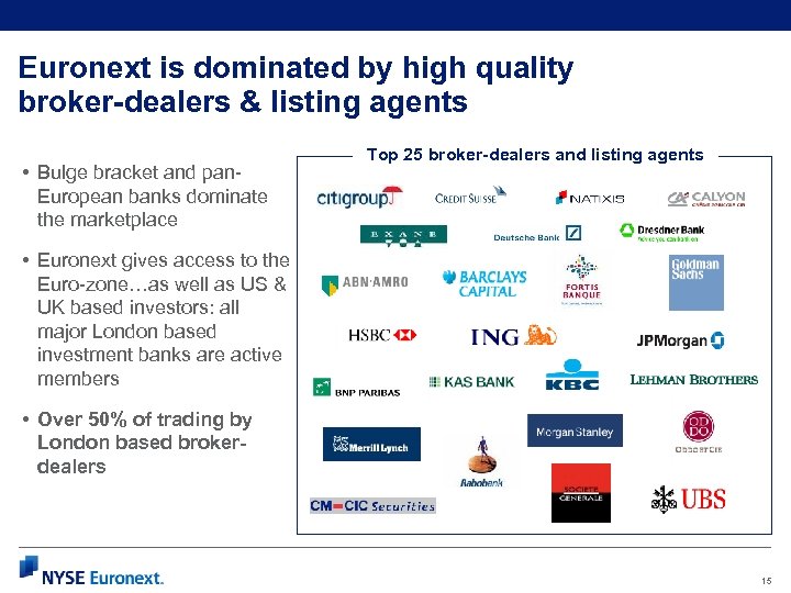 Euronext is dominated by high quality broker-dealers & listing agents • Bulge bracket and