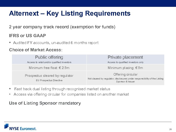 Alternext – Key Listing Requirements 2 year company track record (exemption for funds) IFRS