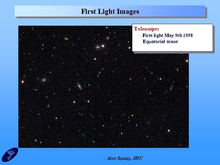 First Light Images Telescope: First light May 9 th 1998 Equatorial scans Alex Szalay,