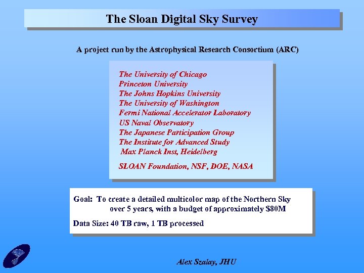 The Sloan Digital Sky Survey A project run by the Astrophysical Research Consortium (ARC)