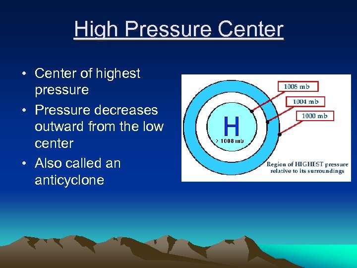 High Pressure Center • Center of highest pressure • Pressure decreases outward from the