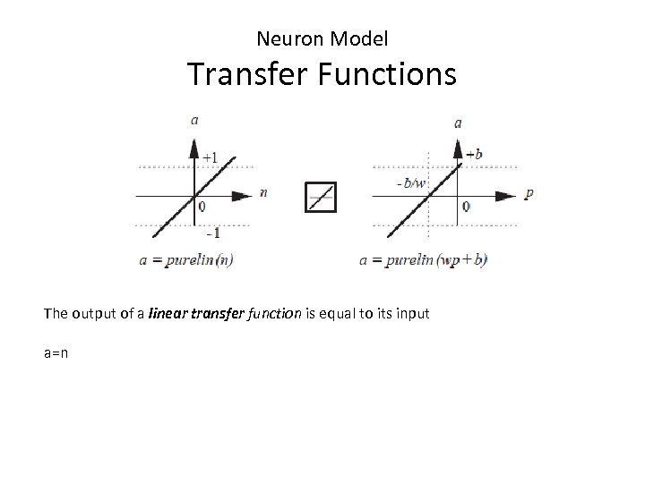 Neuron Model Transfer Functions The output of a linear transfer function is equal to