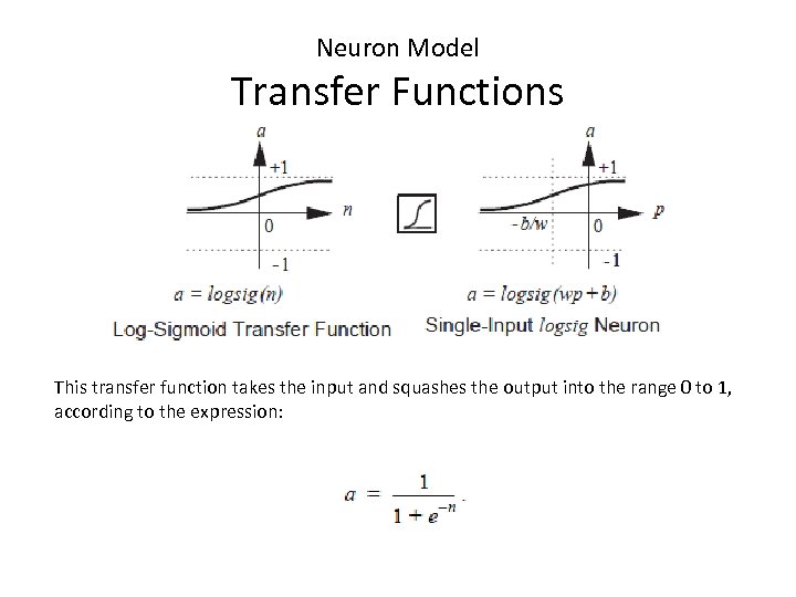 Neuron Model Transfer Functions This transfer function takes the input and squashes the output