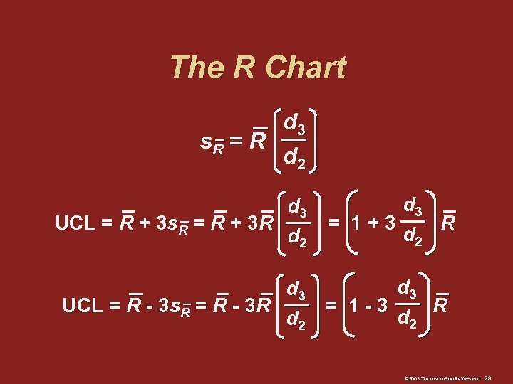 The R Chart d 3 s. R = R d 2 d 3 UCL