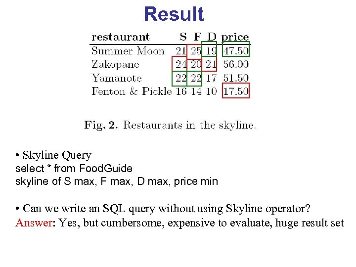 Result • Skyline Query select * from Food. Guide skyline of S max, F