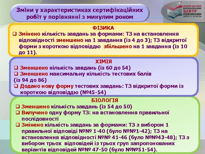 Зміни у характеристиках сертифікаційних робіт у порівнянні з минулим роком ФІЗИКА q Змінено кількість