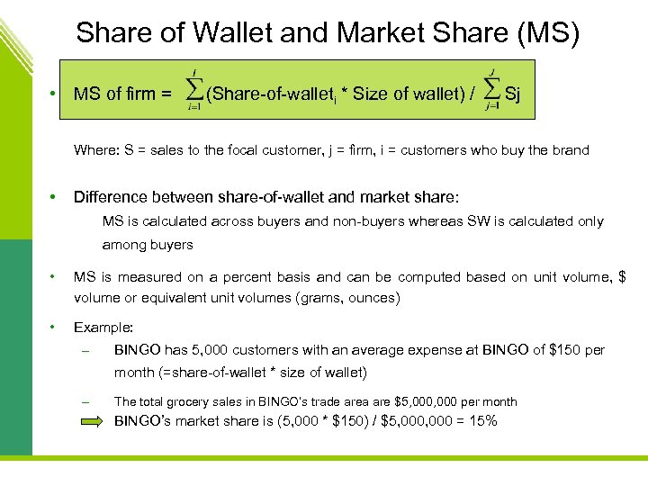 Share of Wallet and Market Share (MS) • MS of firm = (Share-of-walleti *