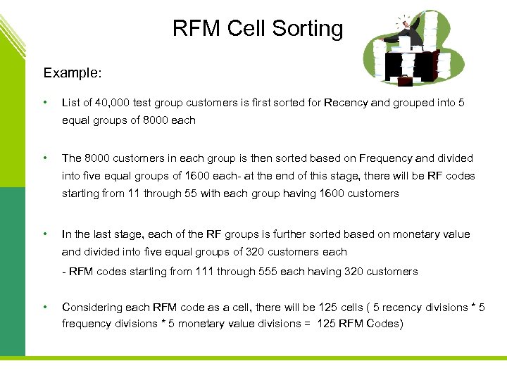 RFM Cell Sorting Example: • List of 40, 000 test group customers is first