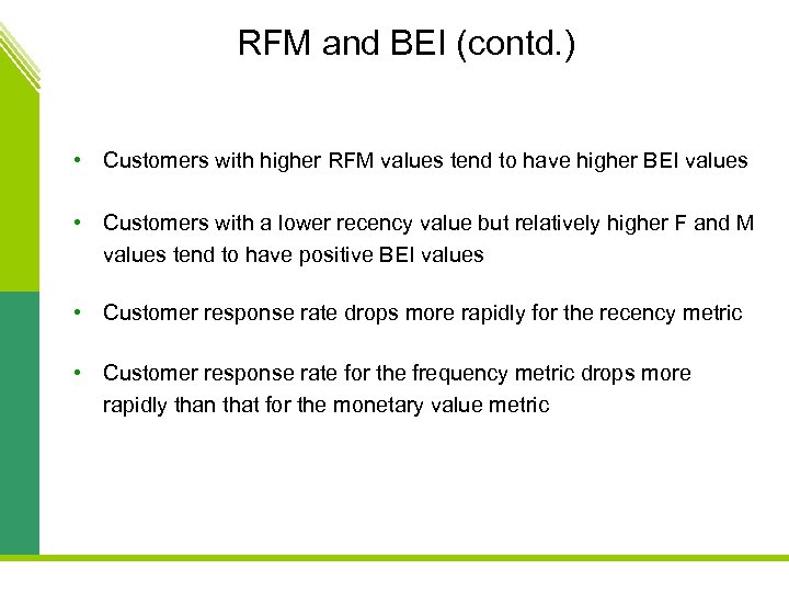  RFM and BEI (contd. ) • Customers with higher RFM values tend to