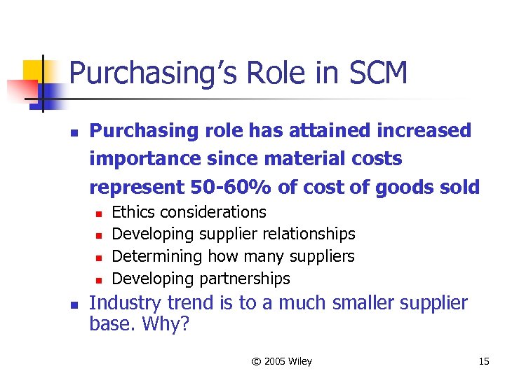 Purchasing’s Role in SCM n Purchasing role has attained increased importance since material costs