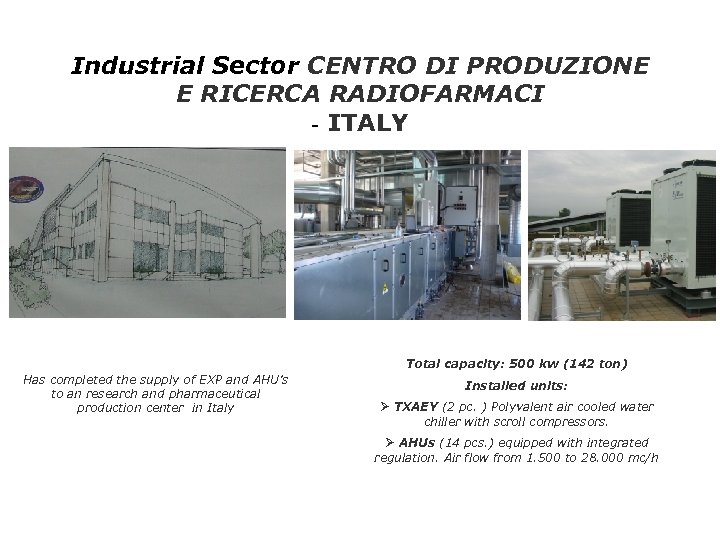 Industrial Sector CENTRO DI PRODUZIONE E RICERCA RADIOFARMACI - ITALY Total capacity: 500 kw