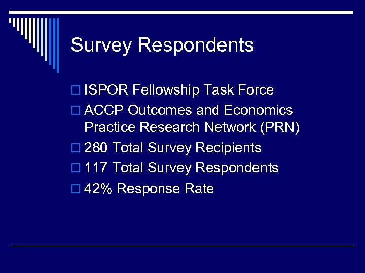 Survey Respondents o ISPOR Fellowship Task Force o ACCP Outcomes and Economics Practice Research
