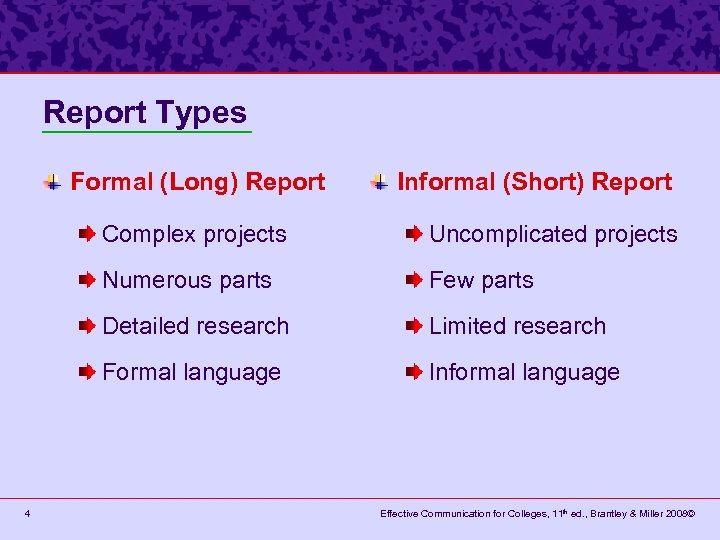 Report Types Formal (Long) Report Informal (Short) Report Complex projects Numerous parts Few parts