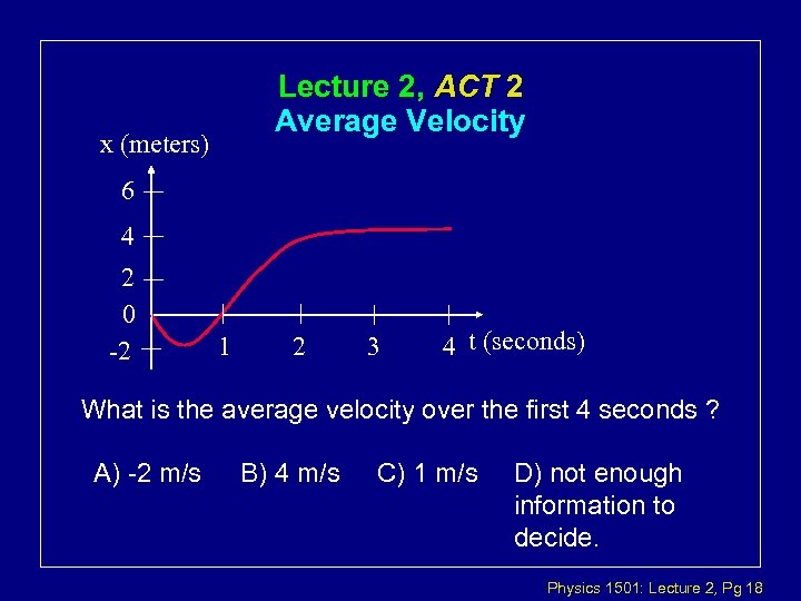 Lecture 2, ACT 2 Average Velocity x (meters) 6 4 2 0 -2 1