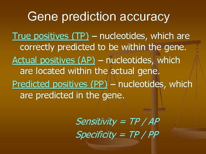 Gene prediction accuracy True positives (TP) – nucleotides, which are correctly predicted to be