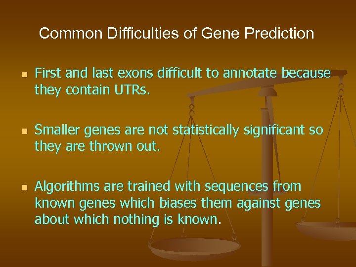 Common Difficulties of Gene Prediction n First and last exons difficult to annotate because