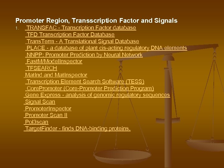 Promoter Region, Transscription Factor and Signals 1. TRANSFAC - Transcription Factor database TFD Transcription