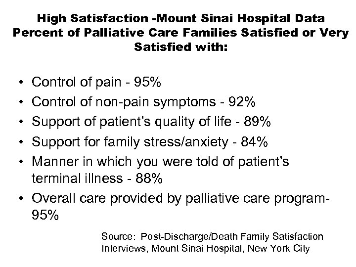 High Satisfaction -Mount Sinai Hospital Data Percent of Palliative Care Families Satisfied or Very