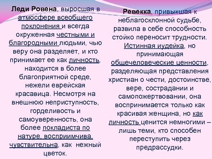  Леди Ровена, выросшая в Ревекка, привыкшая к атмосфере всеобщего неблагосклонной судьбе, поклонения и