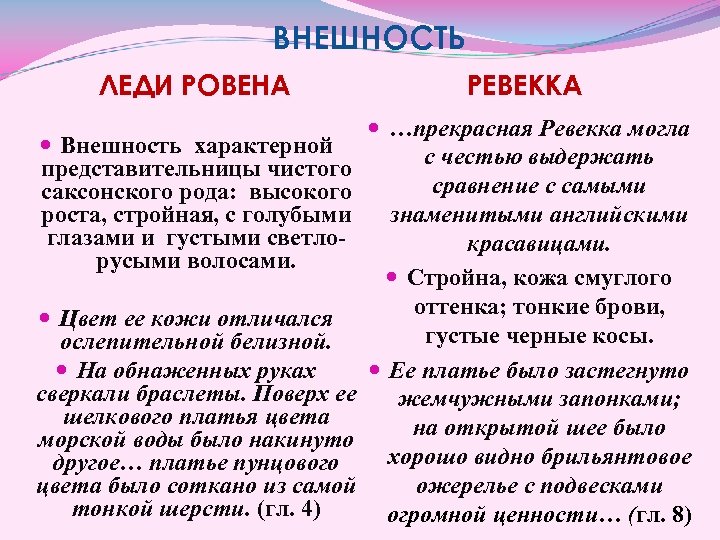 ВНЕШНОСТЬ ЛЕДИ РОВЕНА Внешность характерной представительницы чистого саксонского рода: высокого роста, стройная, с голубыми