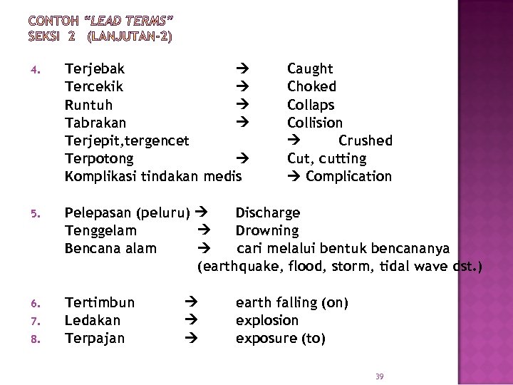 4. Terjebak Tercekik Runtuh Tabrakan Terjepit, tergencet Terpotong Komplikasi tindakan medis 5. Pelepasan (peluru)