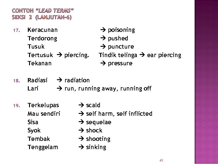 17. Keracunan Terdorong Tusuk Tertusuk piercing. Tekanan 18. Radiasi Lari 19. Terkelupas Mau sendiri