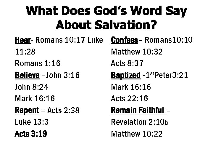 What Does God’s Word Say About Salvation? Hear- Romans 10: 17 Luke 11: 28