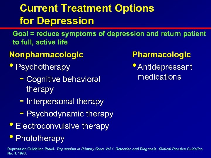 Current Treatment Options for Depression Goal = reduce symptoms of depression and return patient