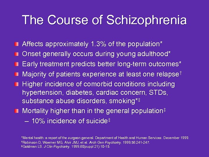 The Course of Schizophrenia Affects approximately 1. 3% of the population* Onset generally occurs