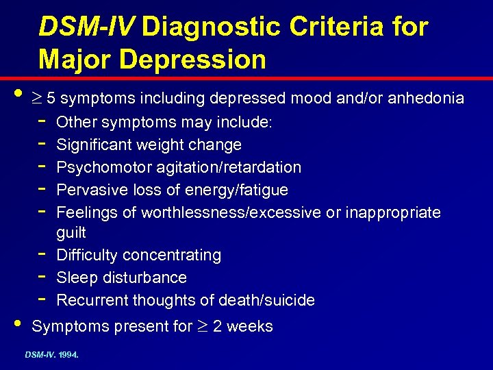 DSM-IV Diagnostic Criteria for Major Depression • 5 symptoms including depressed mood and/or anhedonia