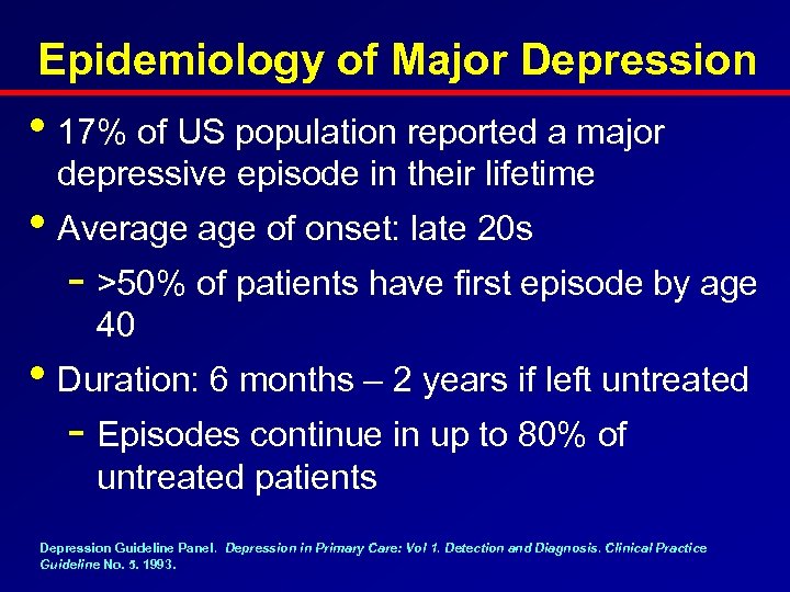 Epidemiology of Major Depression • 17% of US population reported a major depressive episode