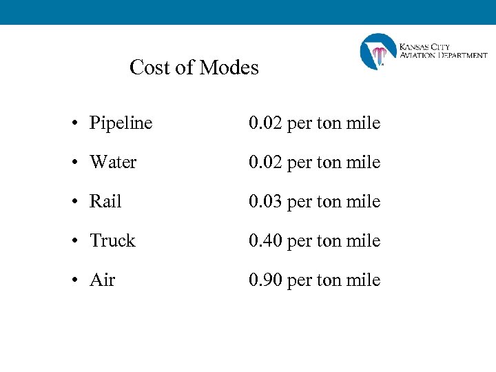 Cost of Modes • Pipeline 0. 02 per ton mile • Water 0. 02