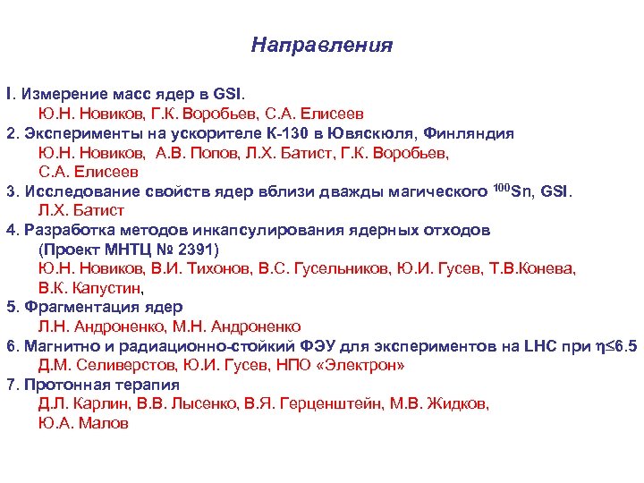 Направления I. Измерение масс ядер в GSI. Ю. Н. Новиков, Г. К. Воробьев, С.