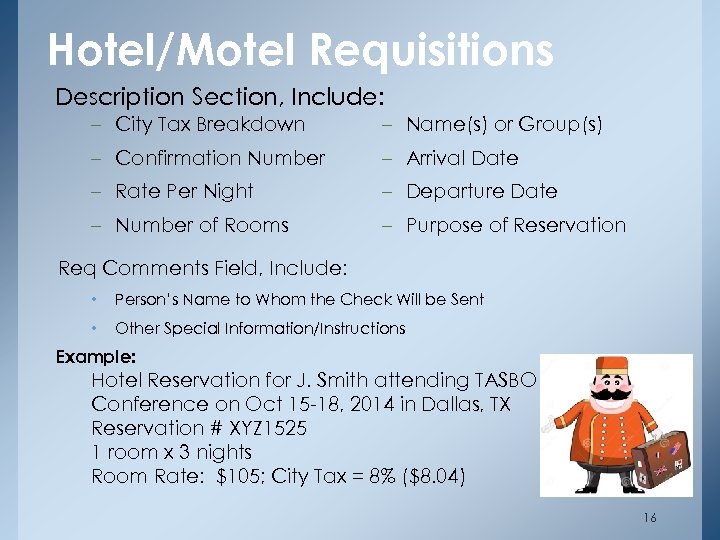 Hotel/Motel Requisitions Description Section, Include: – City Tax Breakdown – Name(s) or Group(s) –
