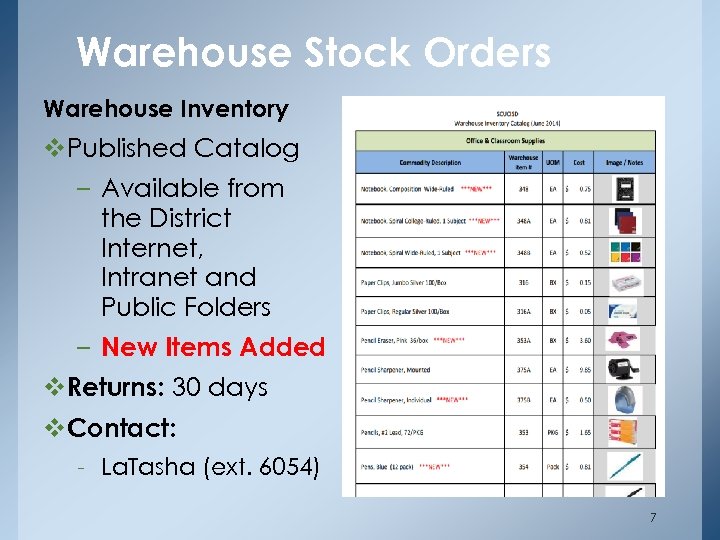 Warehouse Stock Orders Warehouse Inventory v. Published Catalog – Available from the District Internet,