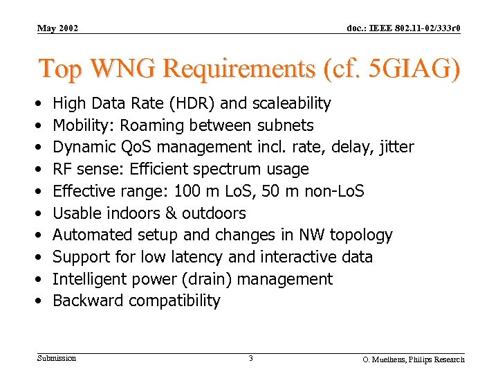 May 2002 doc. : IEEE 802. 11 -02/333 r 0 Top WNG Requirements (cf.