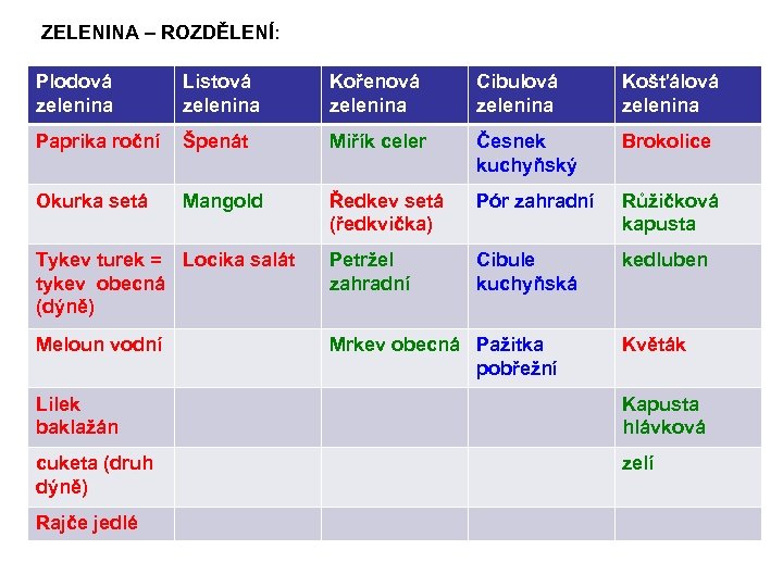 ZELENINA – ROZDĚLENÍ: Plodová zelenina Listová zelenina Kořenová zelenina Cibulová zelenina Košťálová zelenina Paprika