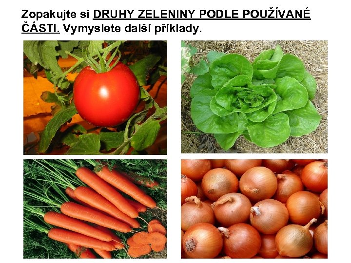 Zopakujte si DRUHY ZELENINY PODLE POUŽÍVANÉ ČÁSTI. Vymyslete další příklady. 