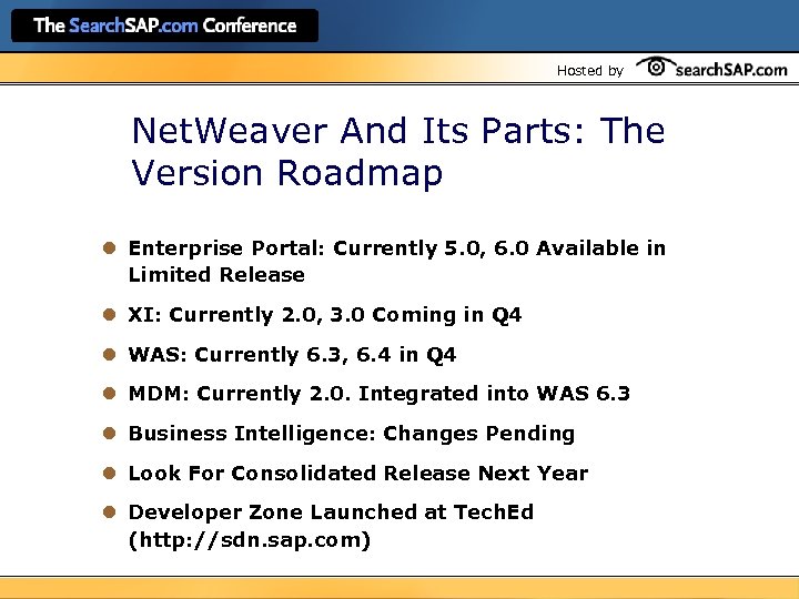 Hosted by Net. Weaver And Its Parts: The Version Roadmap l Enterprise Portal: Currently