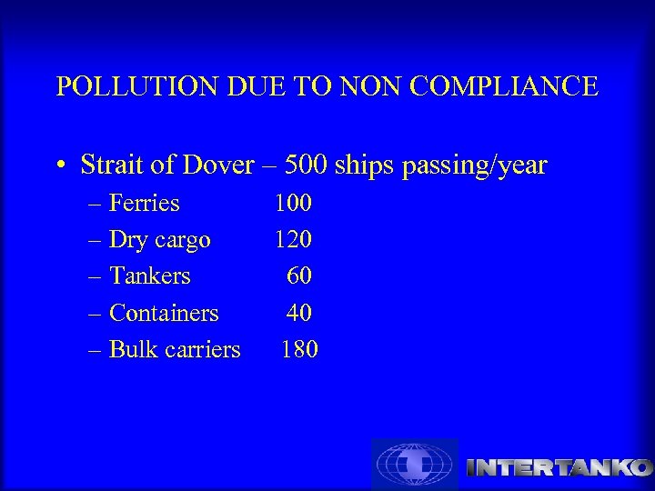 POLLUTION DUE TO NON COMPLIANCE • Strait of Dover – 500 ships passing/year –