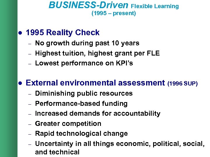BUSINESS-Driven Flexible Learning (1995 – present) l 1995 Reality Check – – – l
