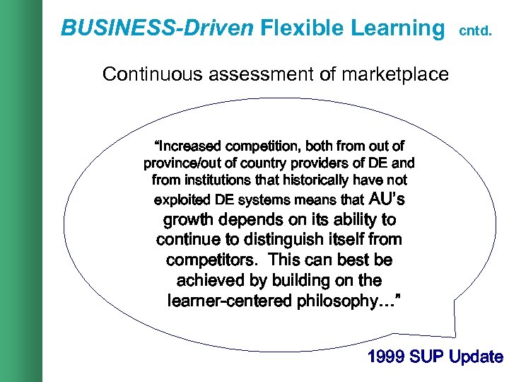 BUSINESS-Driven Flexible Learning cntd. Continuous assessment of marketplace “Increased competition, both from out of