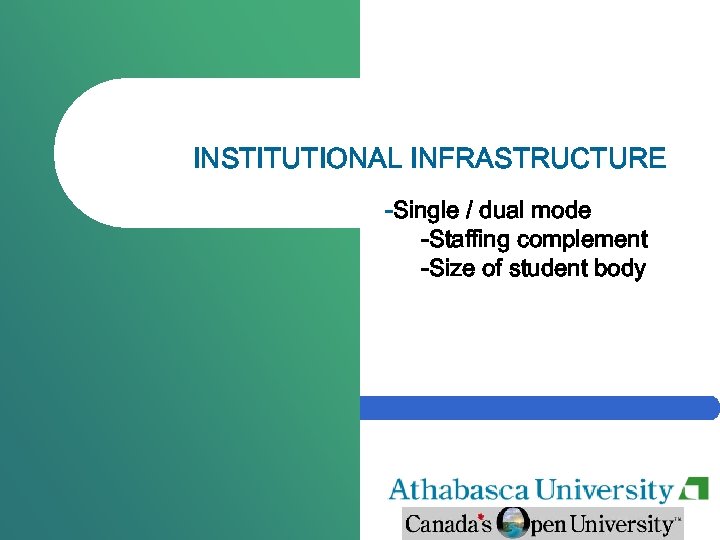 INSTITUTIONAL INFRASTRUCTURE -Single / dual mode -Staffing complement -Size of student body 