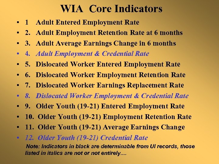 WIA Core Indicators • • • 1 Adult Entered Employment Rate 2. Adult Employment